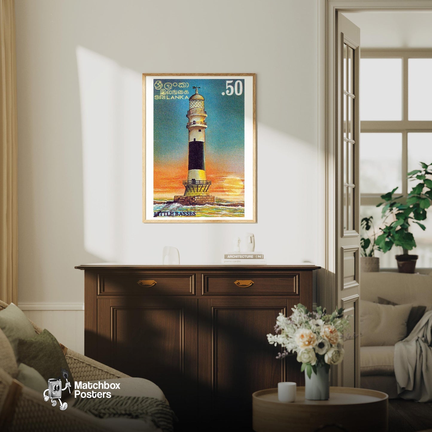 Lighthouse - vintage matchbox label print - living room mockup