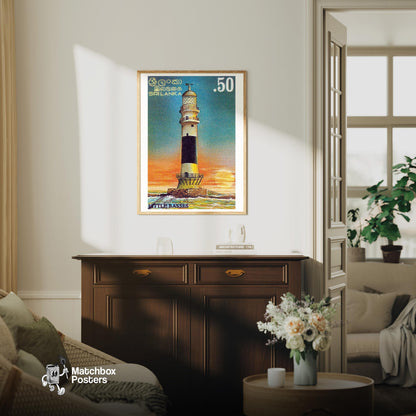 Lighthouse - vintage matchbox label print - living room mockup