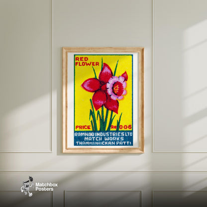 Red Tulip - vintage matchbox label print - bedroom mockup