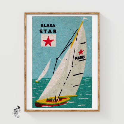 Sailboat with Red Star - vintage matchbox label print
