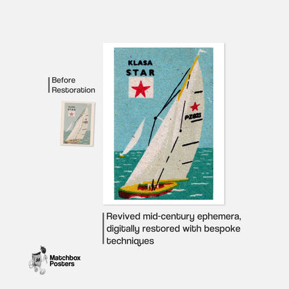 Sailboat with Red Star - vintage matchbox label print - framed wall art preview