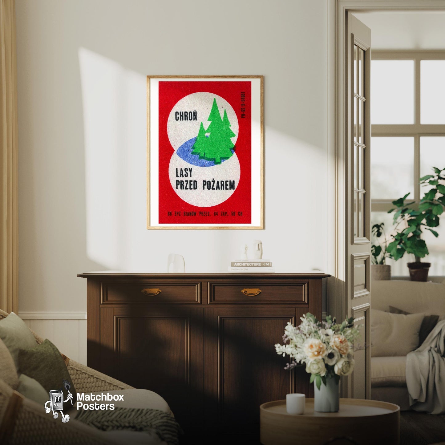 Green Tree - vintage matchbox label print - living room mockup
