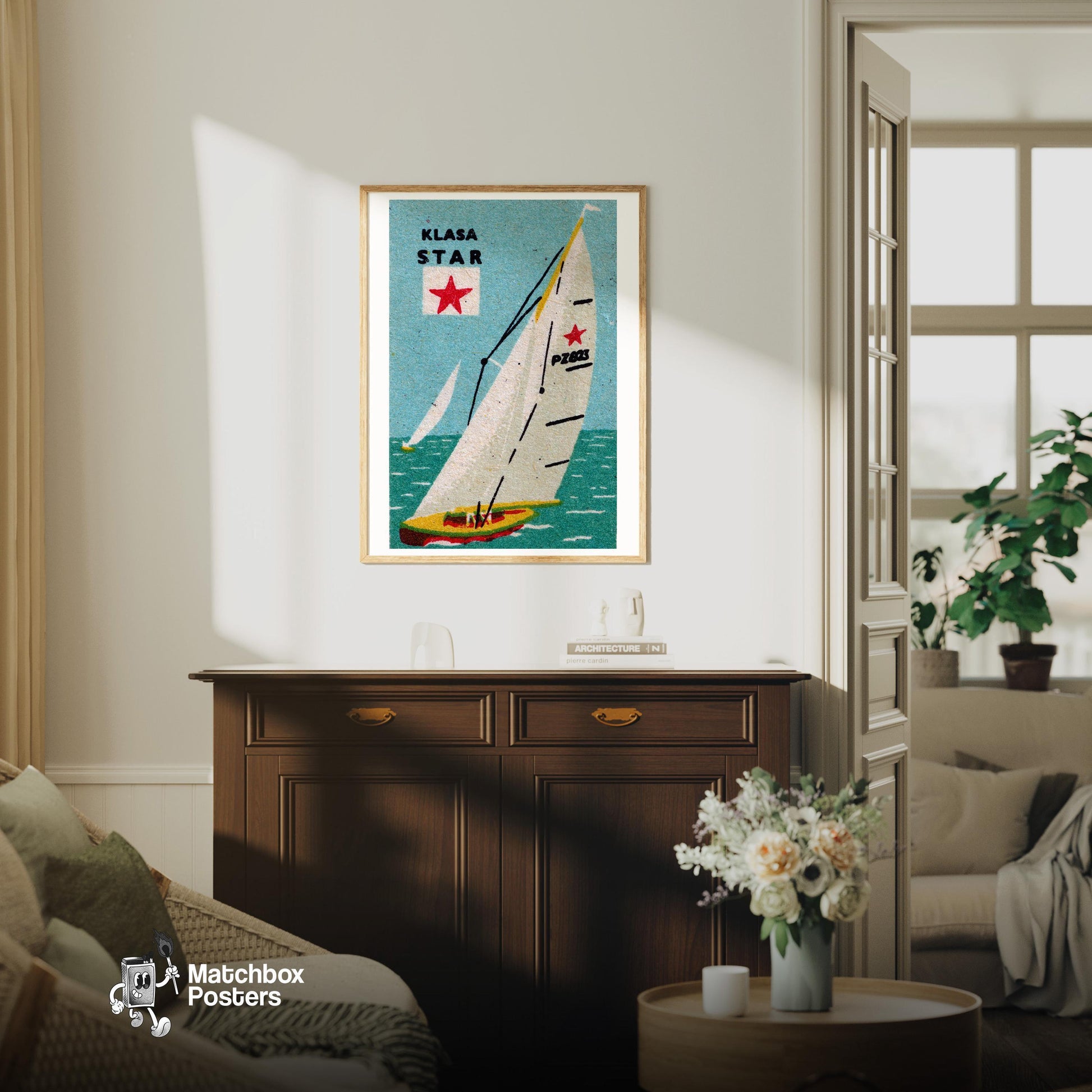 Sailboat with Red Star - vintage matchbox label print - living room mockup