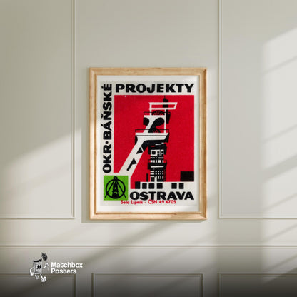Stylized Industrial Building - vintage matchbox label print - bedroom mockup