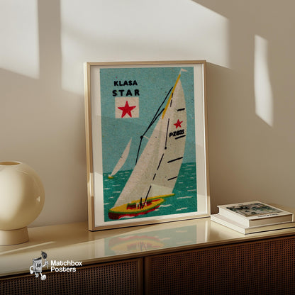 Sailboat with Red Star - vintage matchbox label print - size comparison