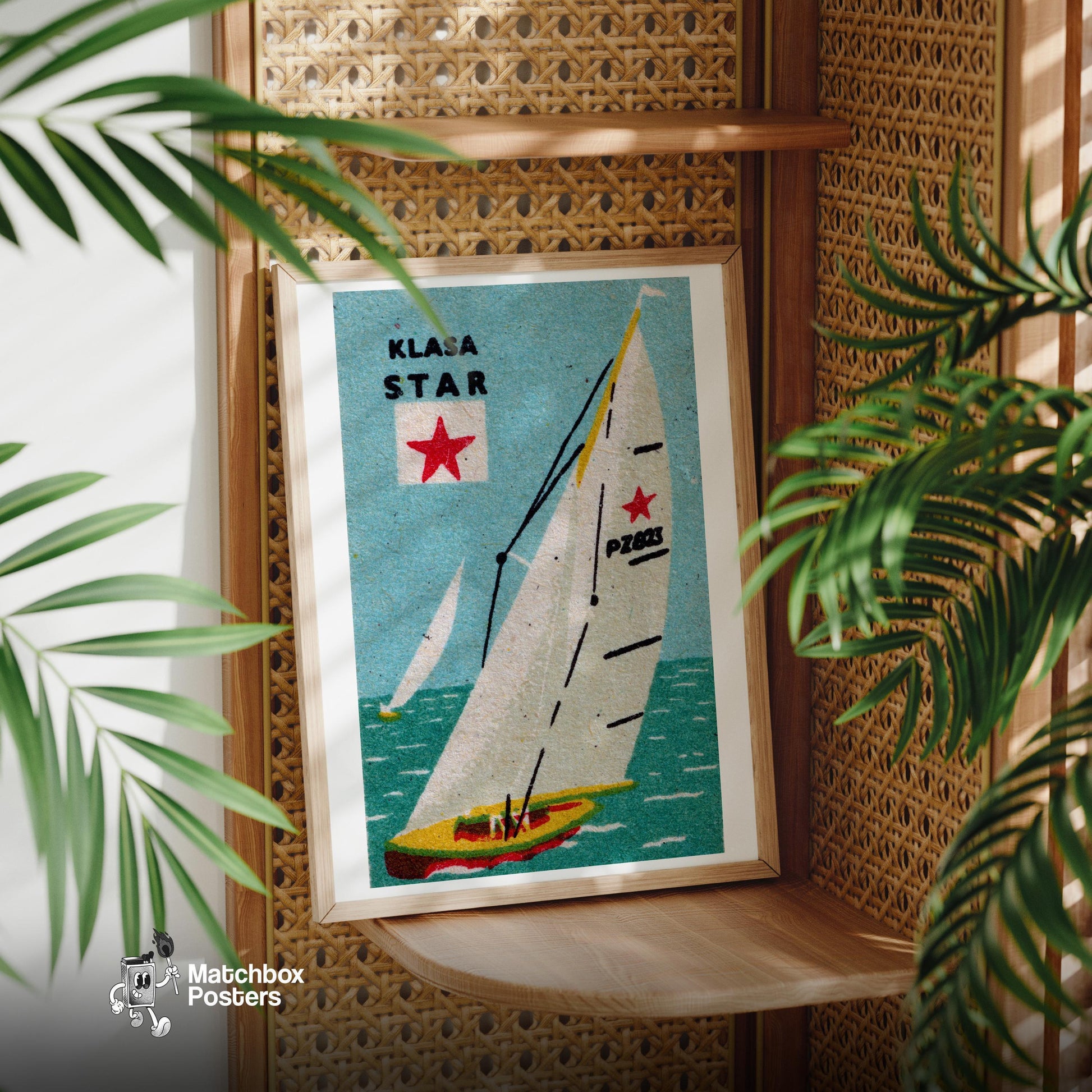 Sailboat with Red Star - vintage matchbox label print - office wall