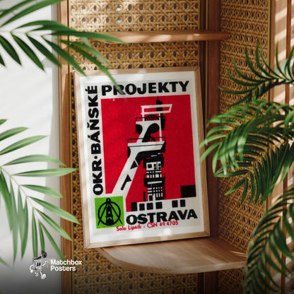 Stylized Industrial Building - vintage matchbox label print - office wall