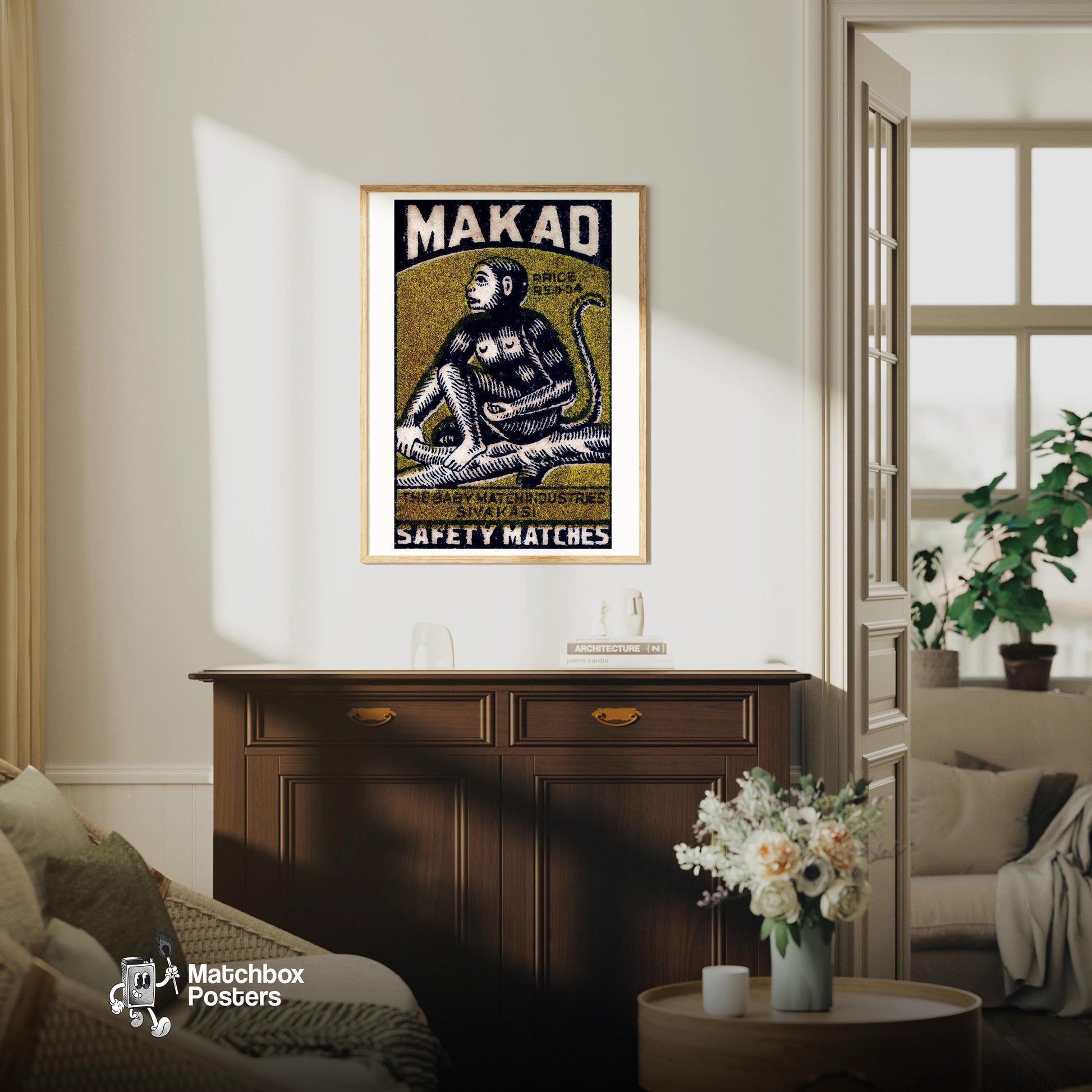Monkey in Tree - vintage matchbox label print - living room mockup