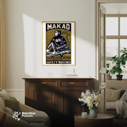 Monkey in Tree - vintage matchbox label print - living room mockup