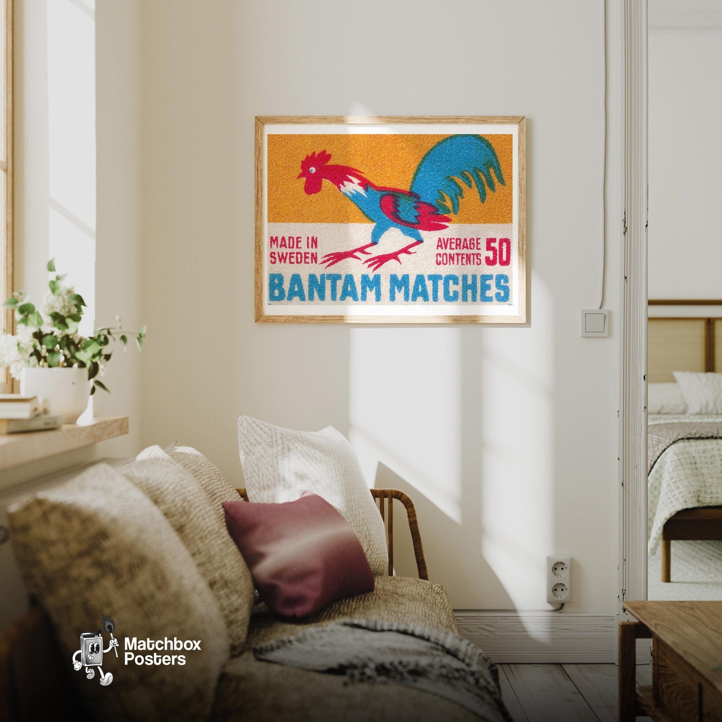 Colorful Rooster Illustration - vintage matchbox label print - living room mockup