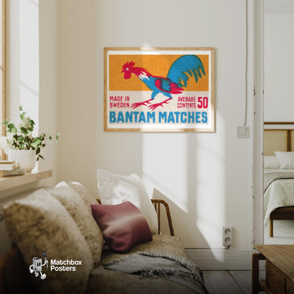 Colorful Rooster Illustration - vintage matchbox label print - living room mockup
