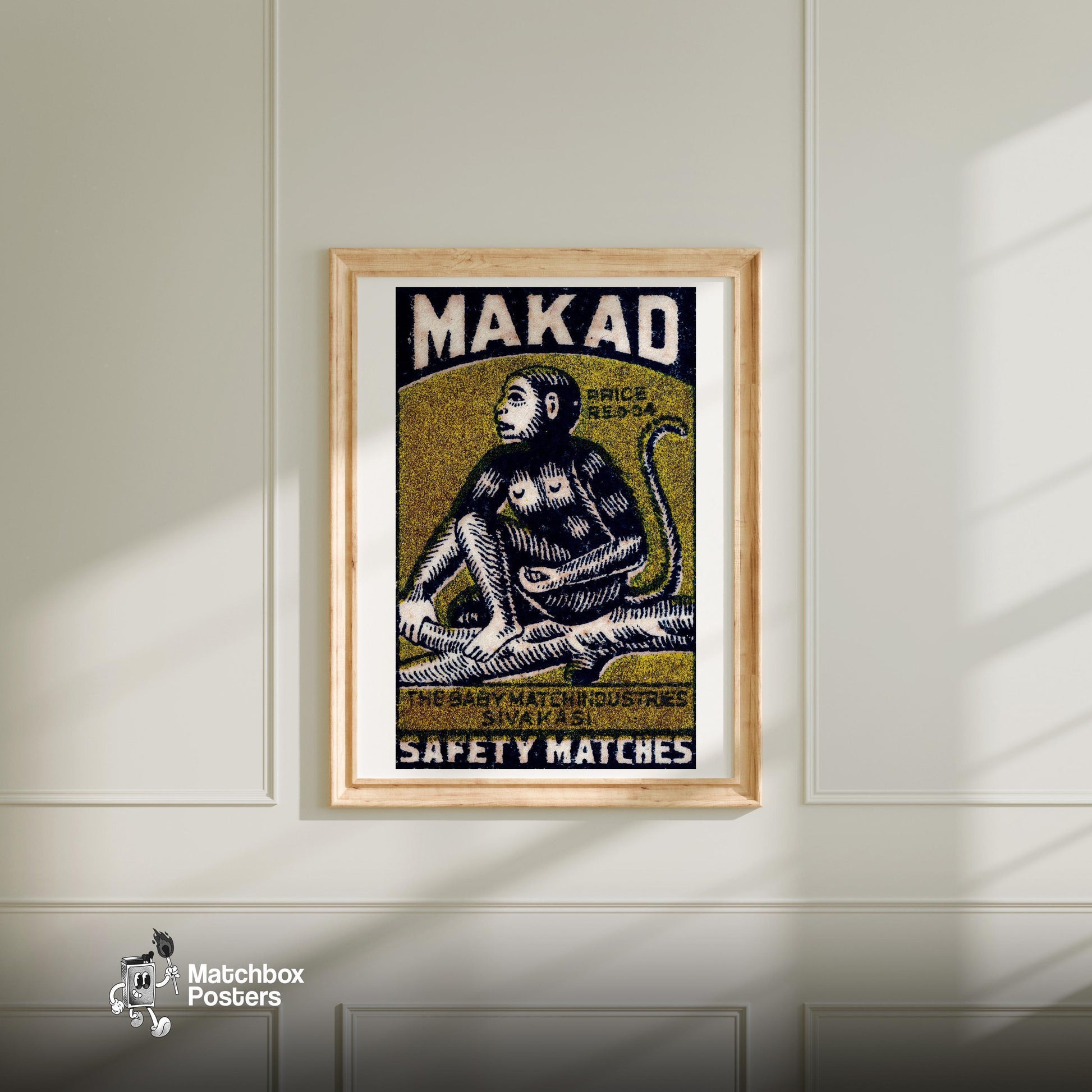Monkey in Tree - vintage matchbox label print - bedroom mockup