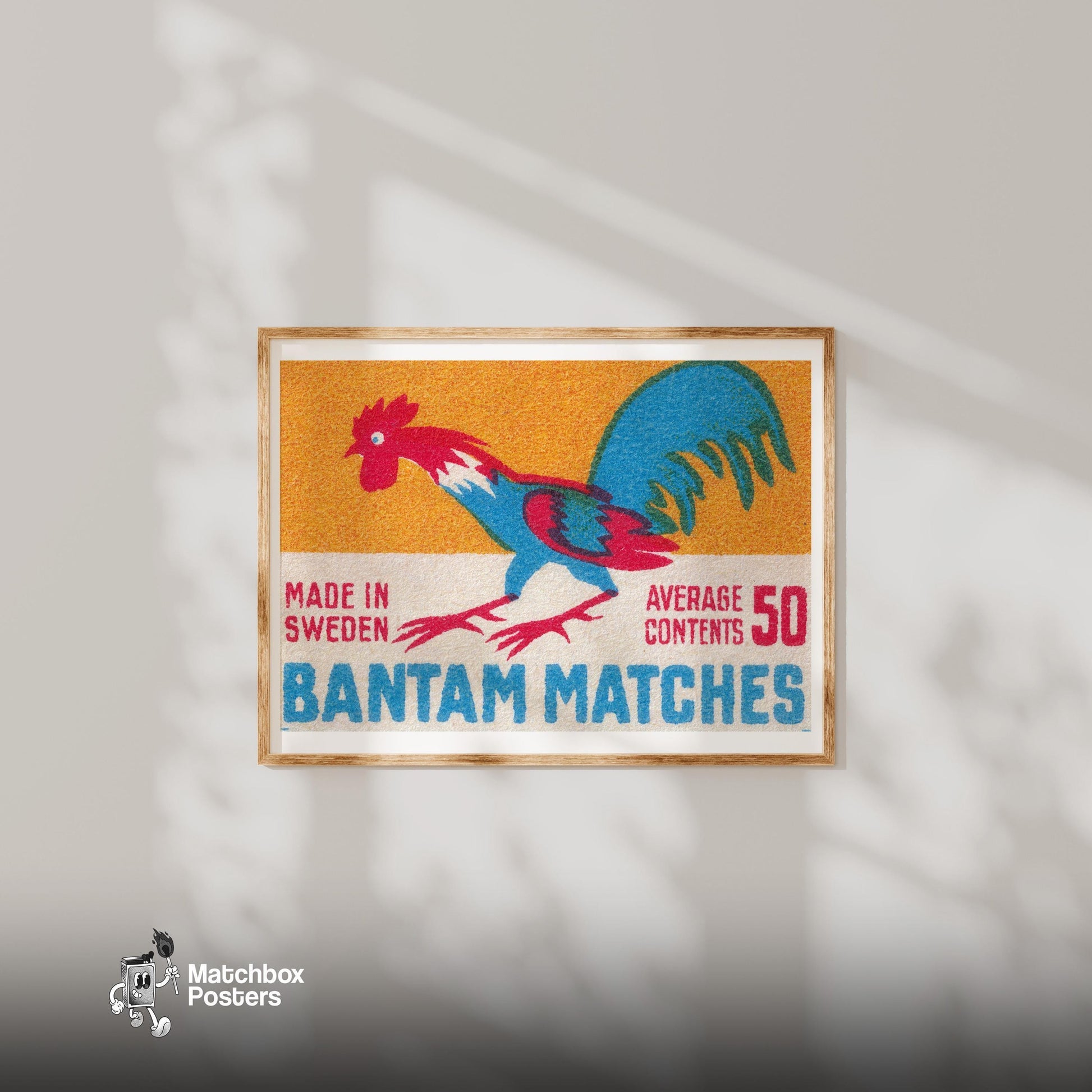 Colorful Rooster Illustration - vintage matchbox label print - bedroom mockup