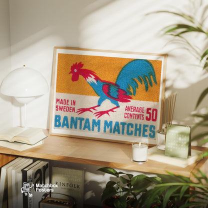 Colorful Rooster Illustration - vintage matchbox label print - office wall