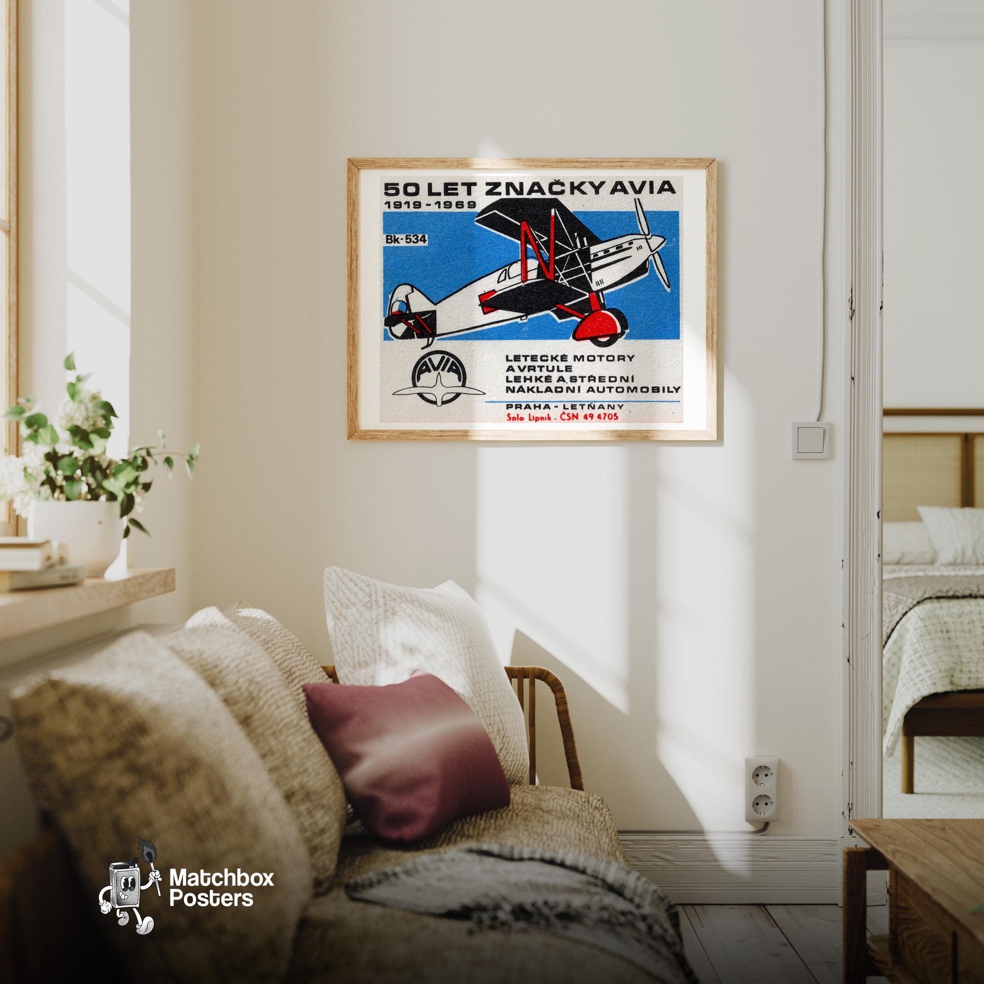 Vintage Biplane - vintage matchbox label print - living room mockup
