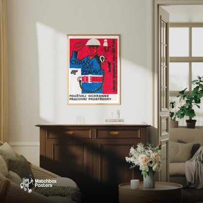 Worker Safety - vintage matchbox label print - living room mockup
