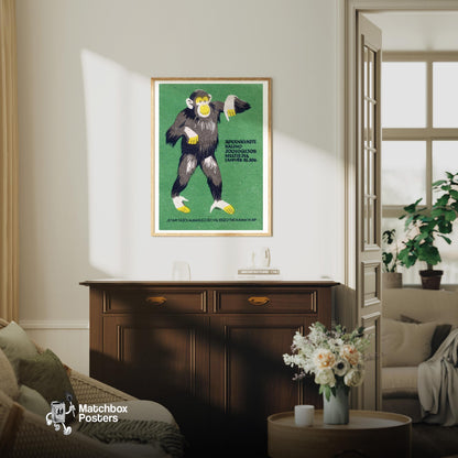 Chimpanzee - vintage matchbox label print - living room mockup