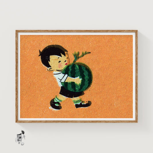 Boy Carrying Watermelon - vintage matchbox label print