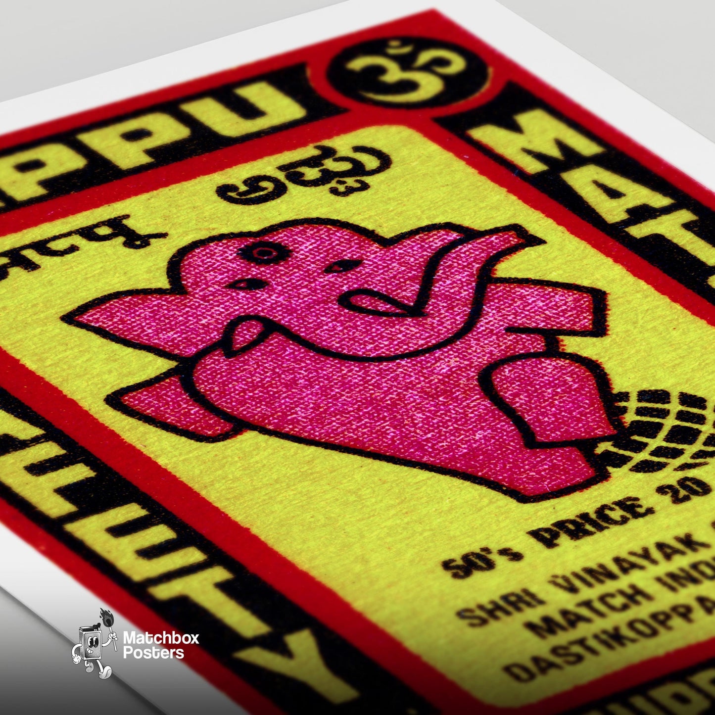 Pink Ganesha - vintage matchbox label print - close-up detail