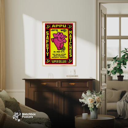 Pink Ganesha - vintage matchbox label print - living room mockup