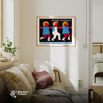 Children Dancing - vintage matchbox label print - living room mockup