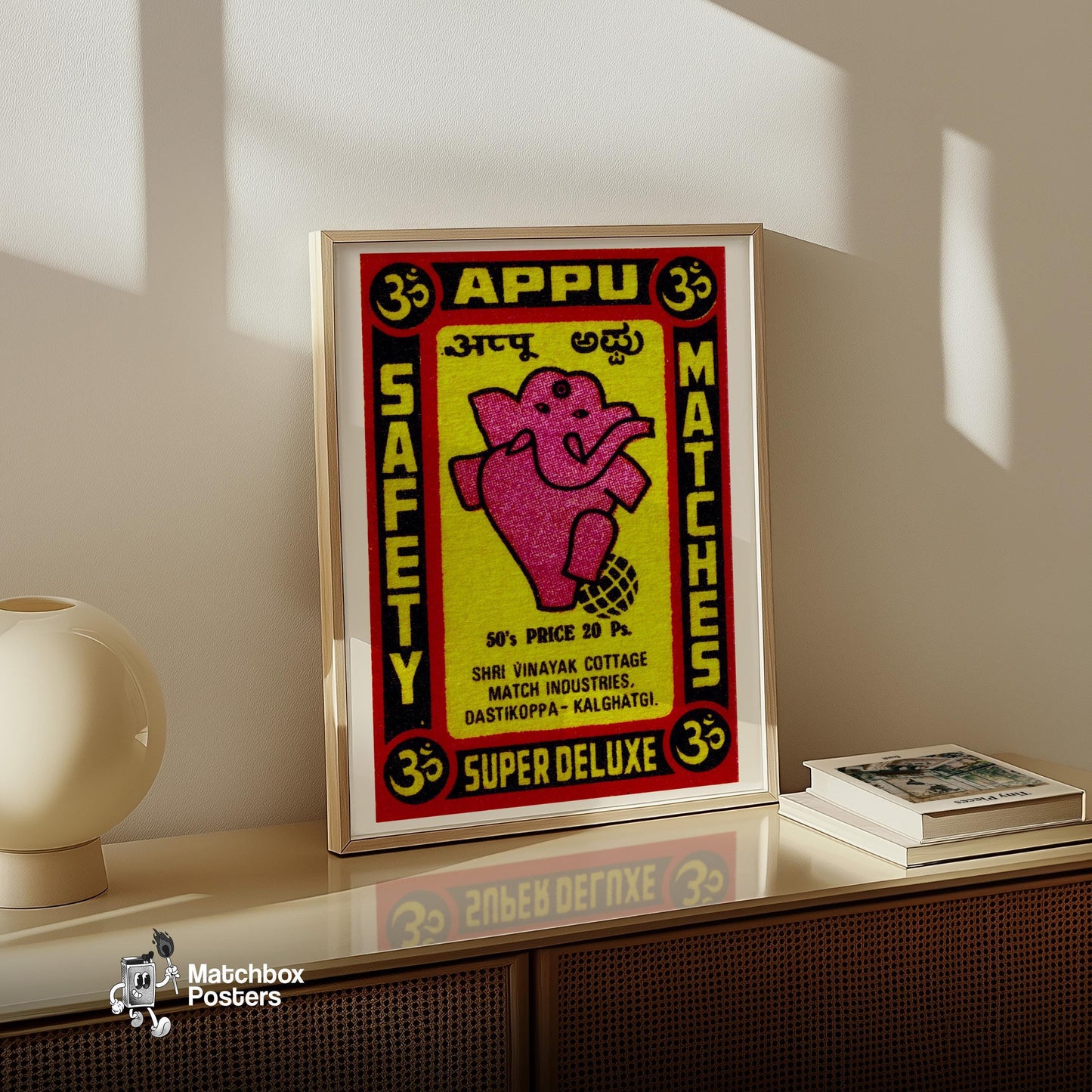 Pink Ganesha - vintage matchbox label print - size comparison