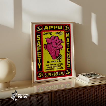 Pink Ganesha - vintage matchbox label print - size comparison