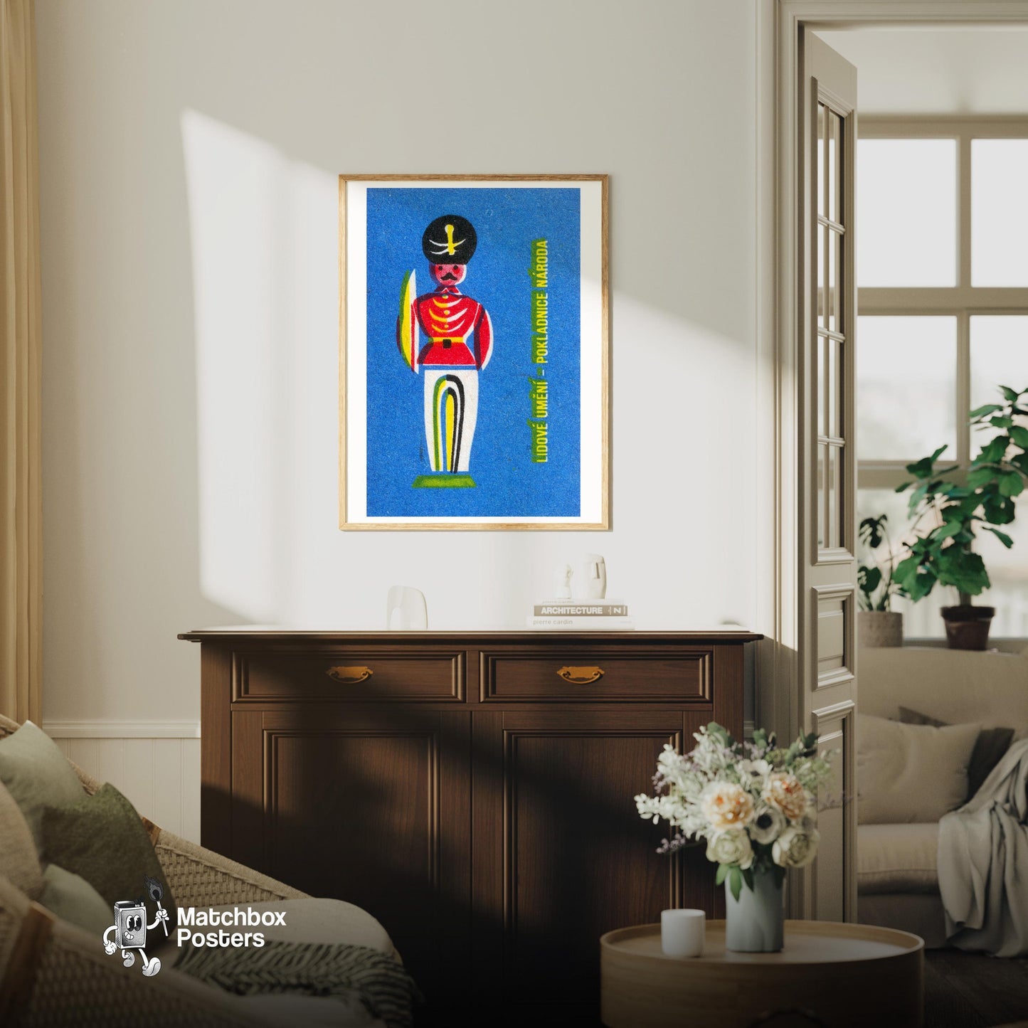 Stylized Soldier - vintage matchbox label print - living room mockup