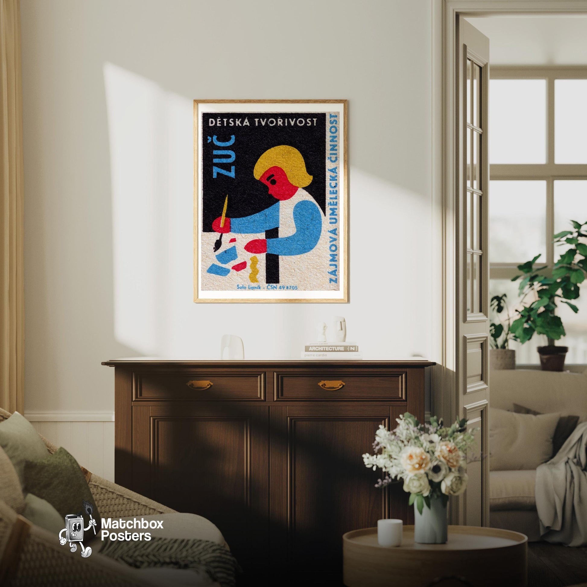 Girl Painting - vintage matchbox label print - living room mockup