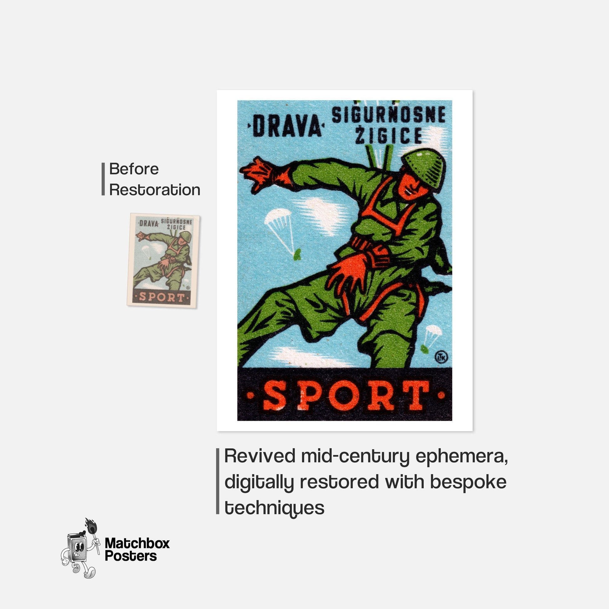 Parachuting Soldier - vintage matchbox label print - framed wall art preview