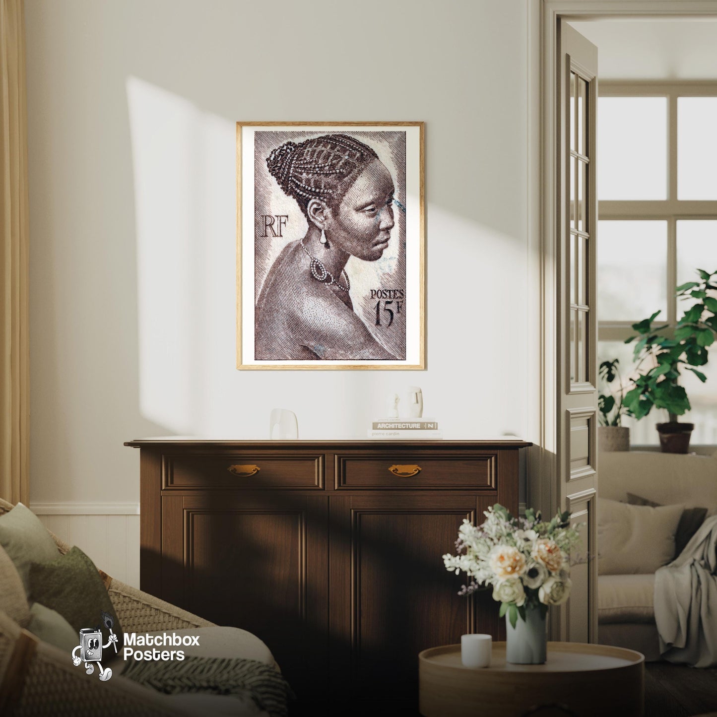 African Woman Print - vintage matchbox label print - living room mockup
