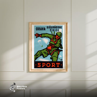 Parachuting Soldier - vintage matchbox label print - bedroom mockup