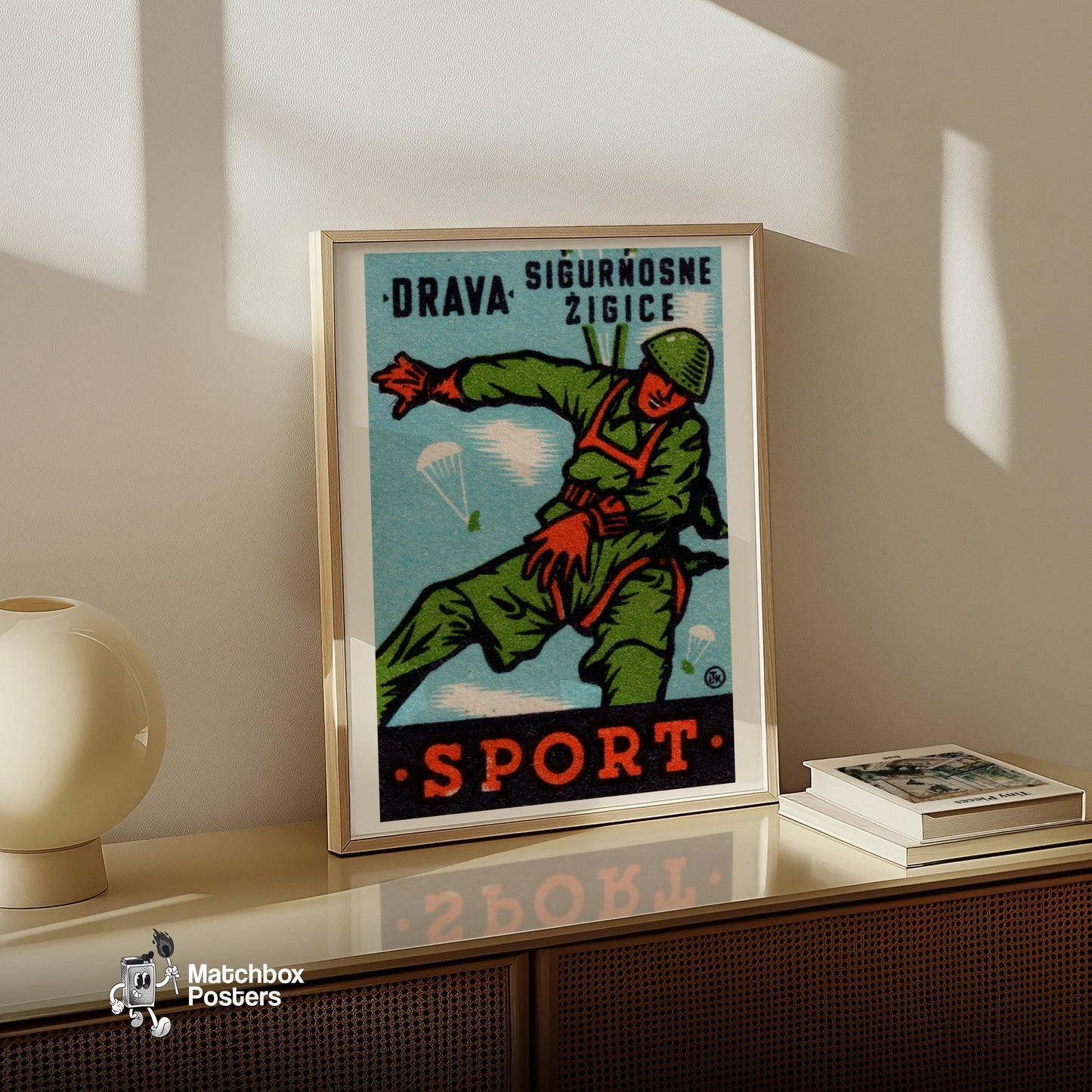 Parachuting Soldier - vintage matchbox label print - size comparison