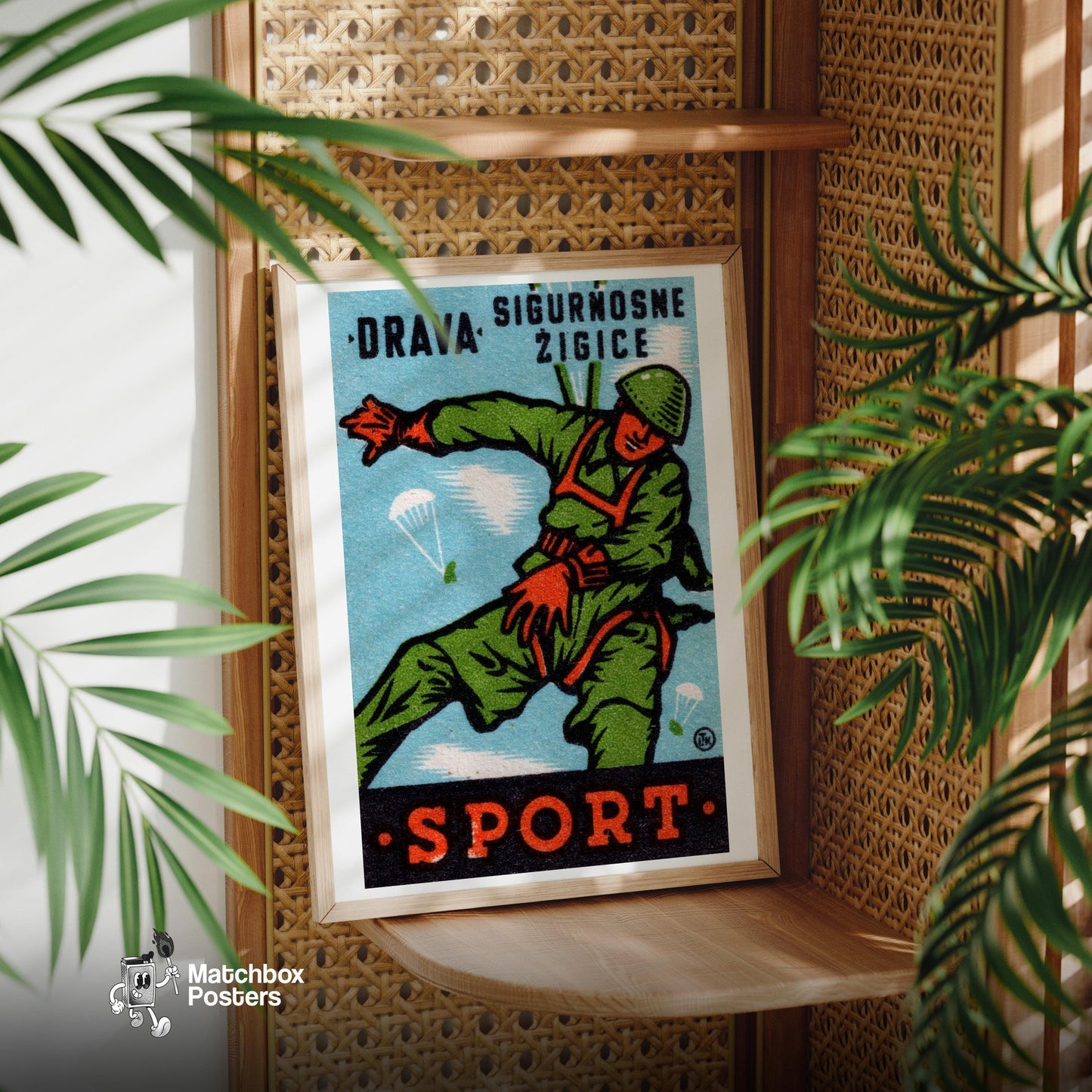 Parachuting Soldier - vintage matchbox label print - office wall