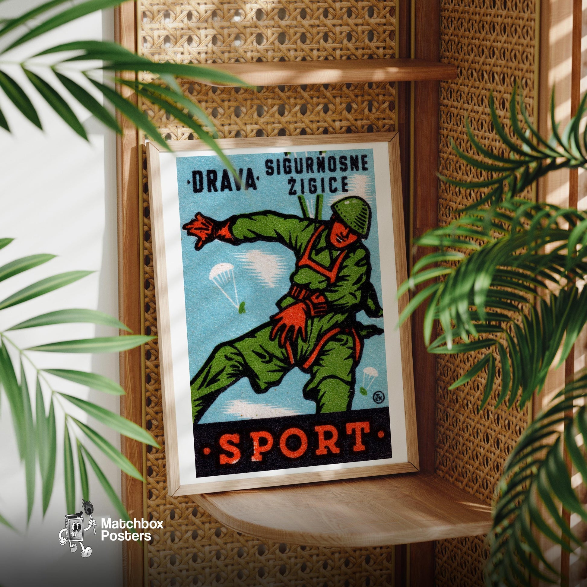 Parachuting Soldier - vintage matchbox label print - office wall