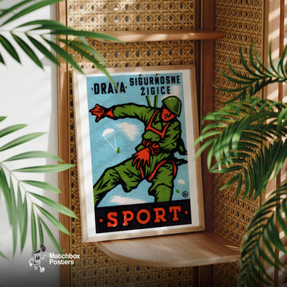 Parachuting Soldier - vintage matchbox label print - office wall