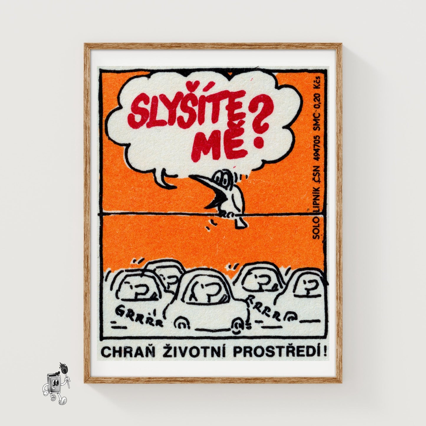 Cartoon Bird Speaking From A Wire - vintage matchbox label print
