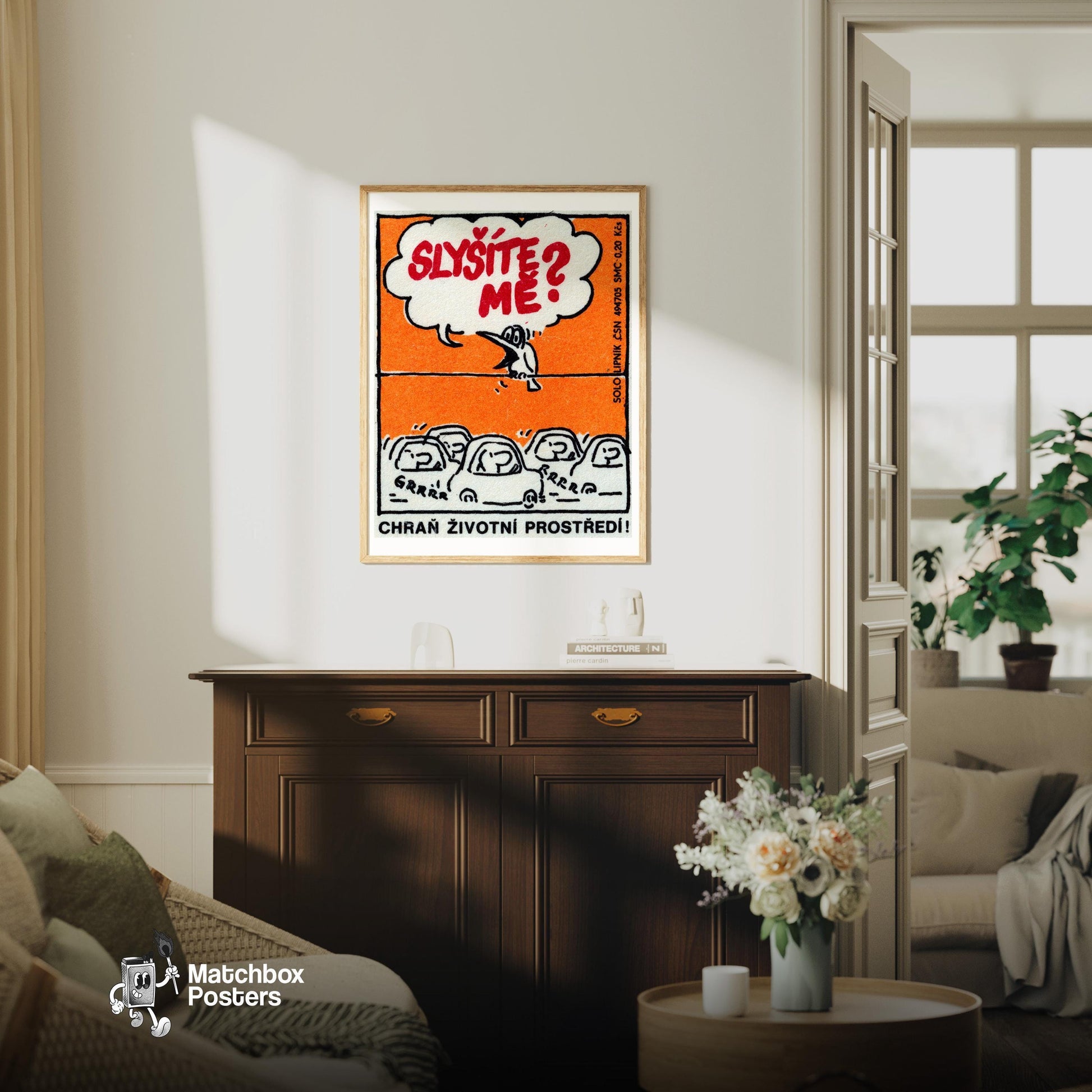 Cartoon Bird Speaking From A Wire - vintage matchbox label print - living room mockup