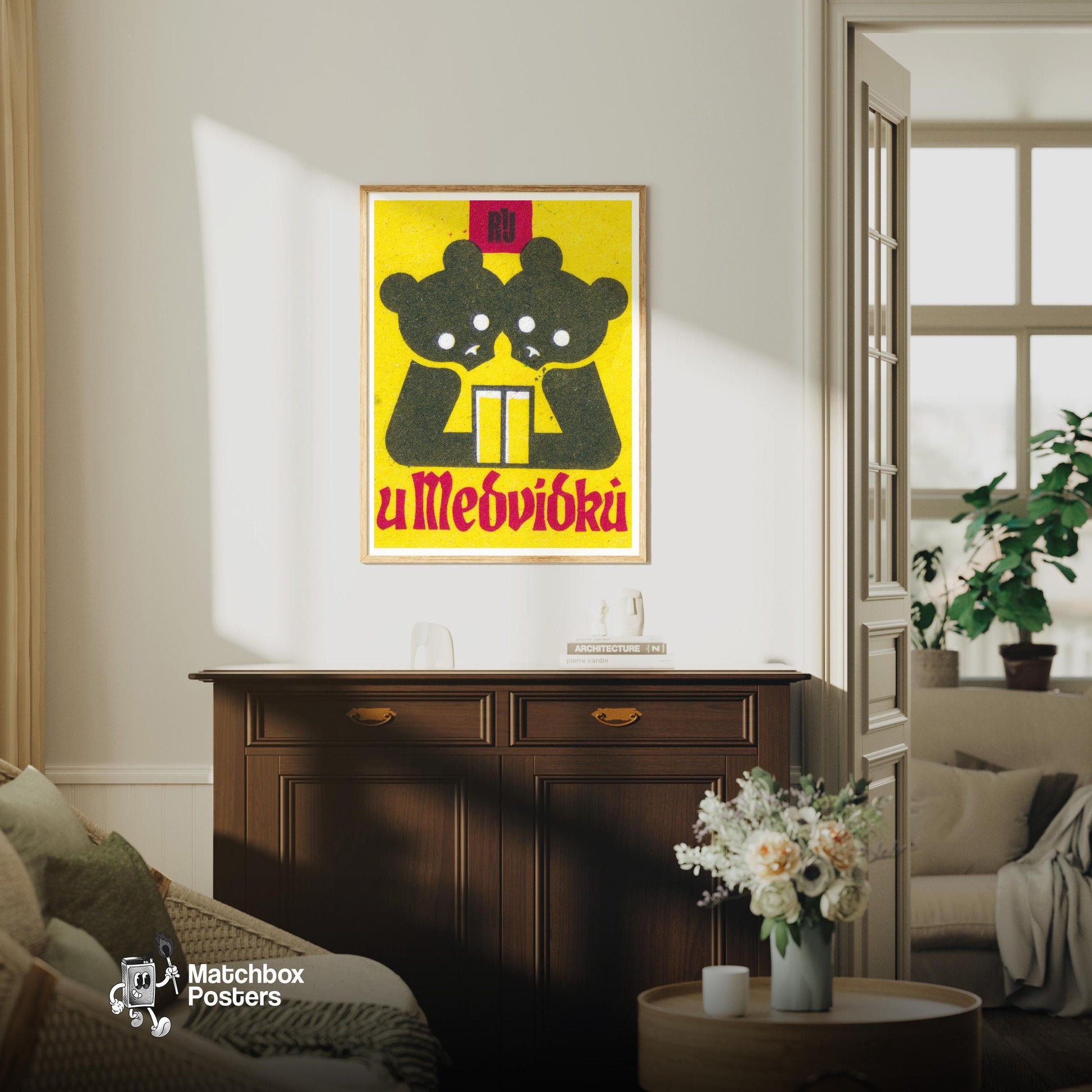Two Bears - vintage matchbox label print - living room mockup