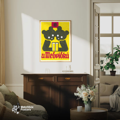 Two Bears - vintage matchbox label print - living room mockup