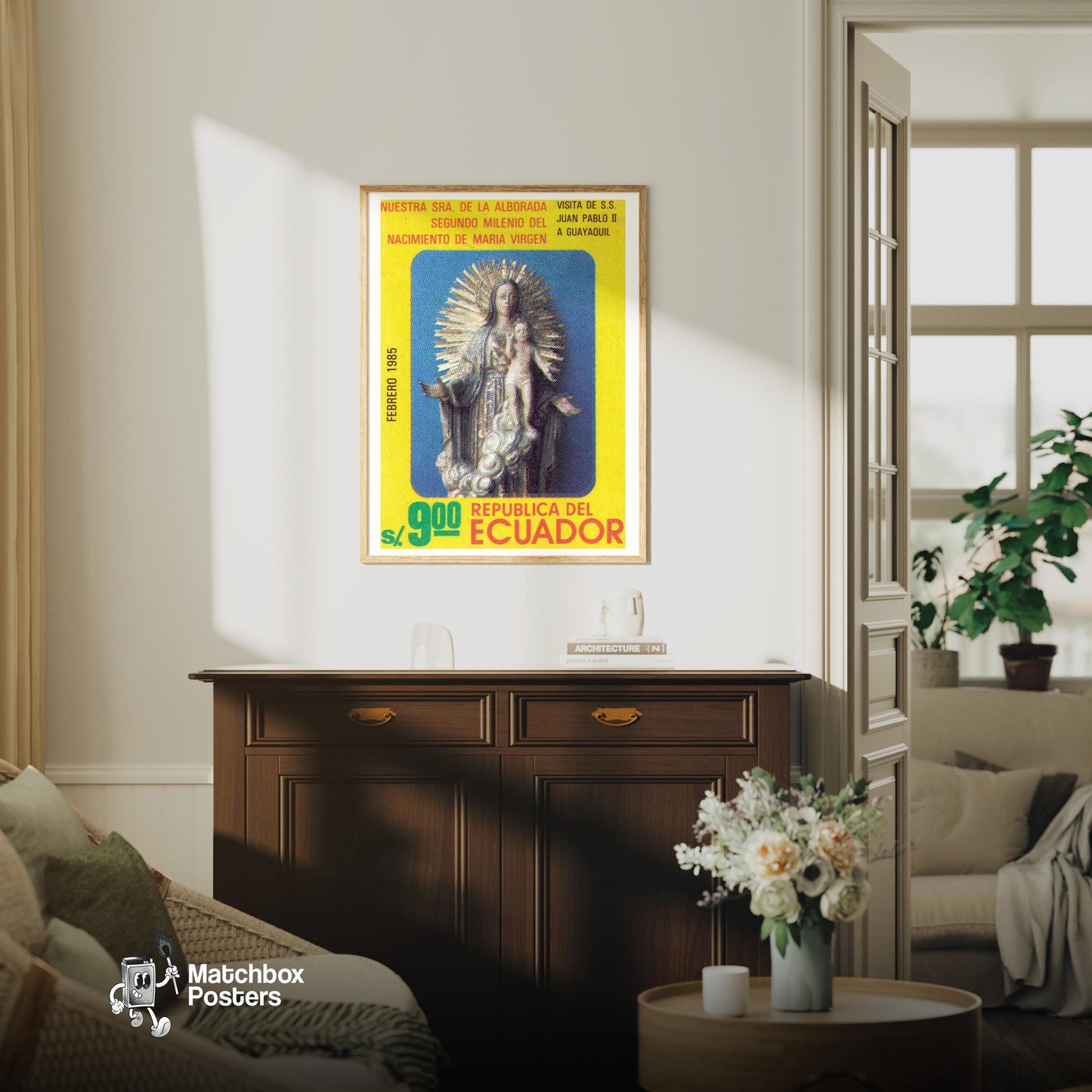 Virgin Mary and Jesus - vintage matchbox label print - living room mockup