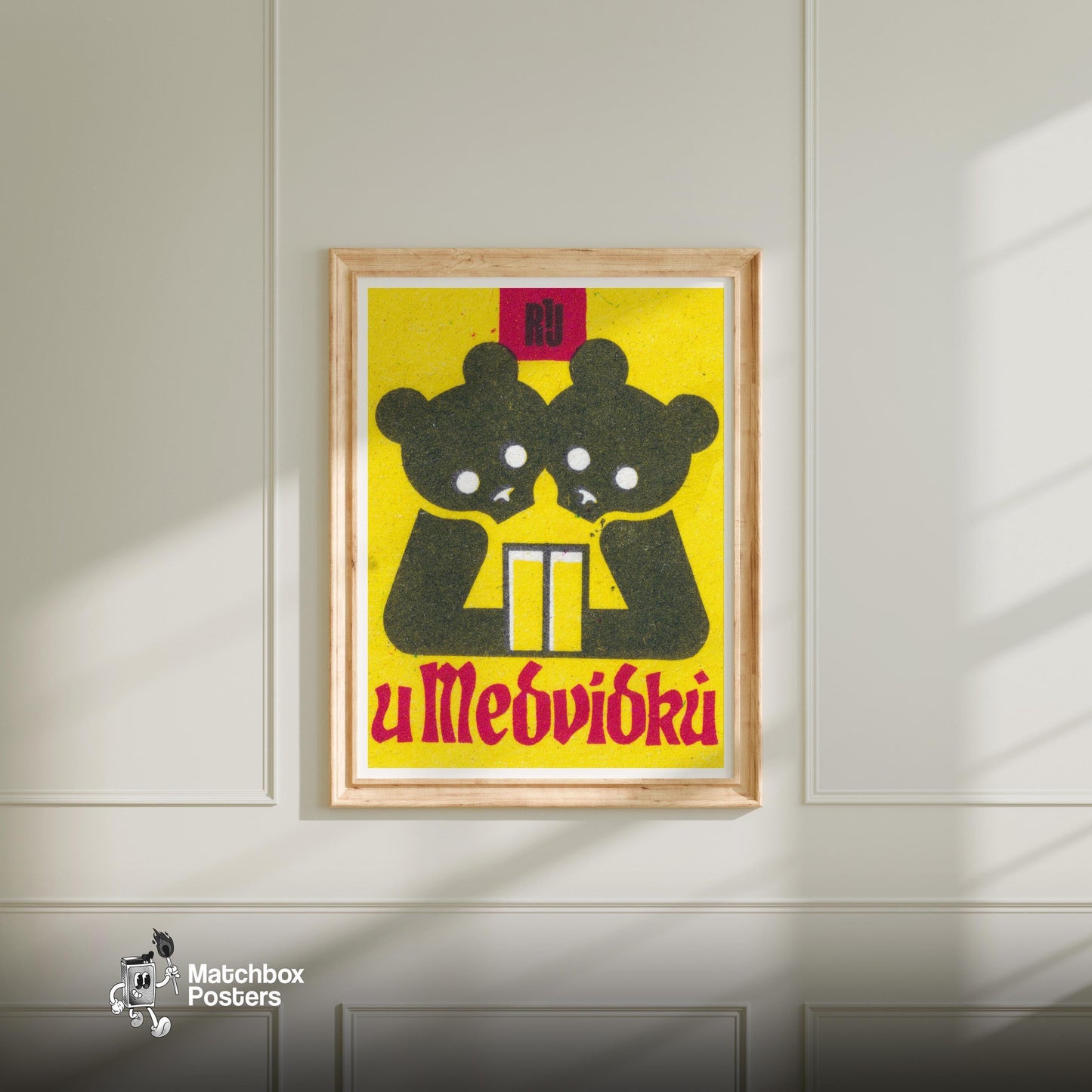 Two Bears - vintage matchbox label print - bedroom mockup