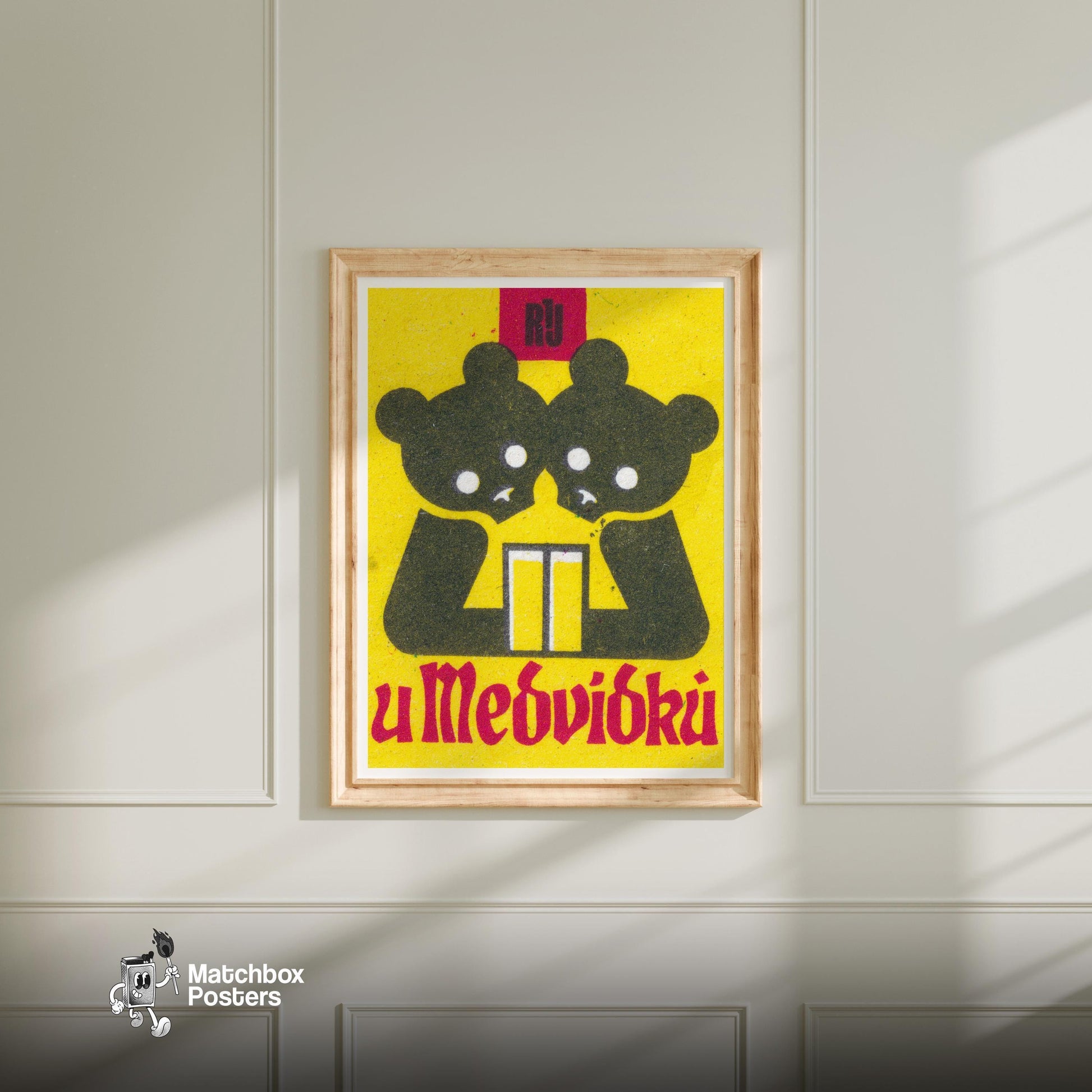 Two Bears - vintage matchbox label print - bedroom mockup