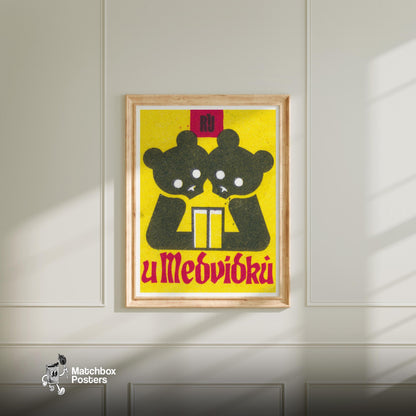 Two Bears - vintage matchbox label print - bedroom mockup