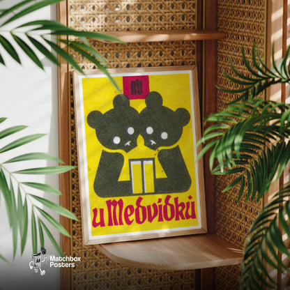 Two Bears - vintage matchbox label print - office wall