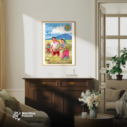 Rice Farming - vintage matchbox label print - living room mockup