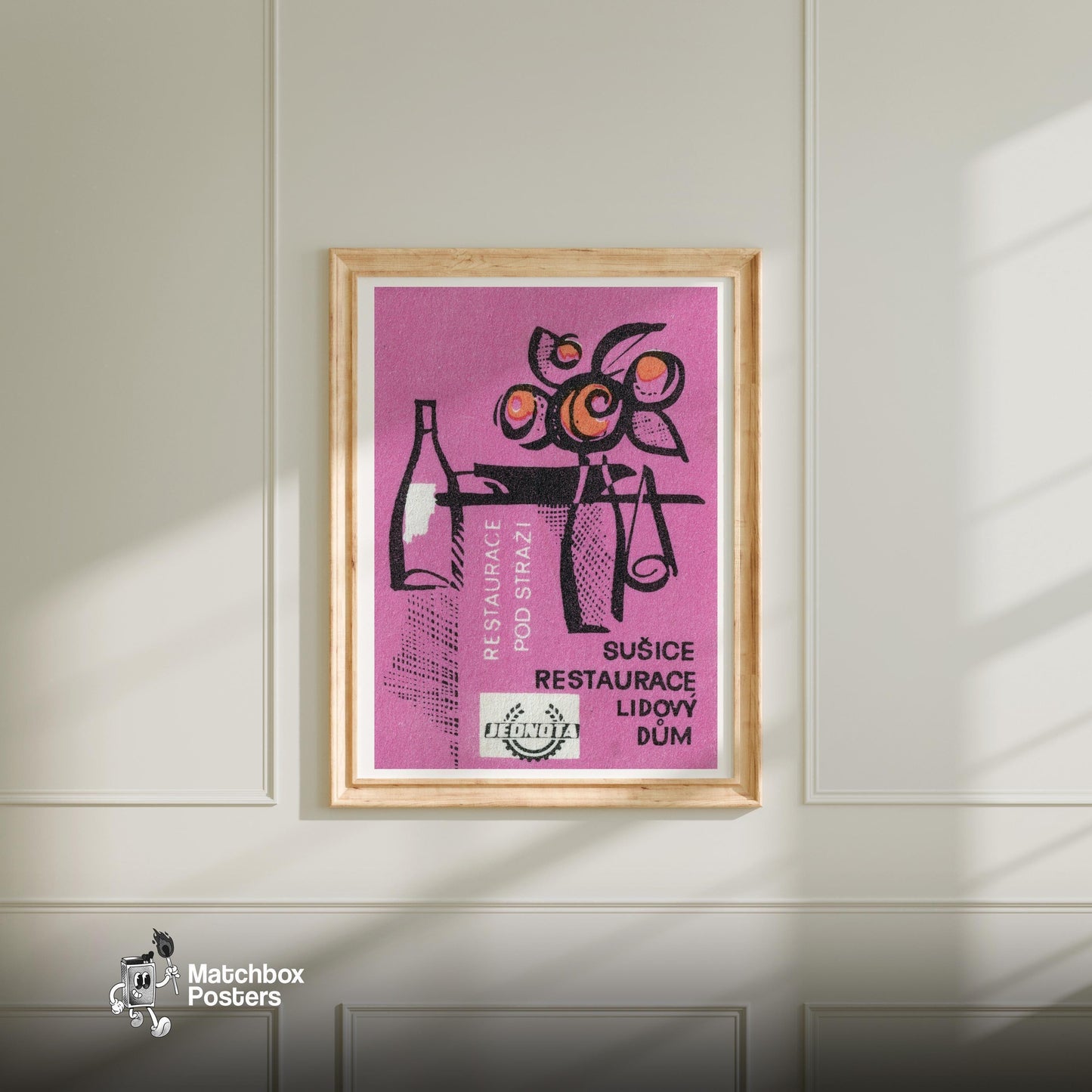 Bottle and Fruit - vintage matchbox label print - bedroom mockup