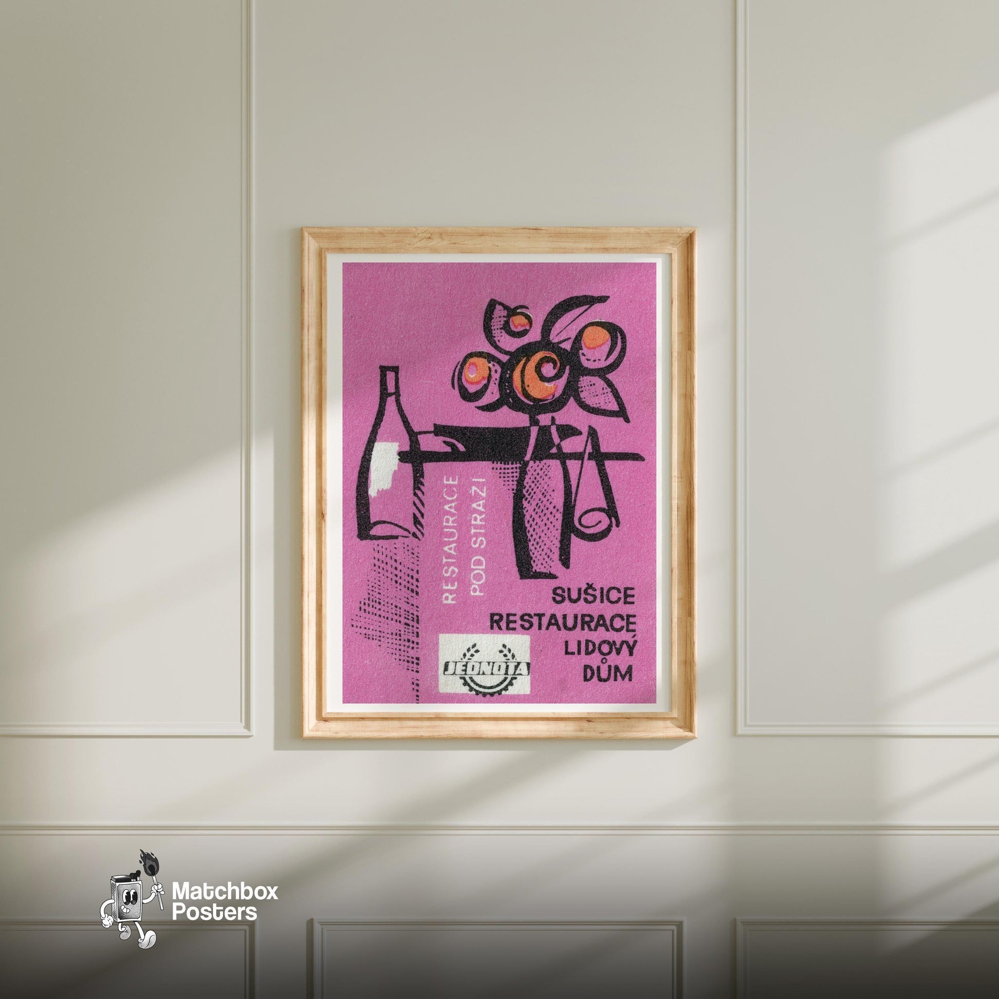 Bottle and Fruit - vintage matchbox label print - bedroom mockup