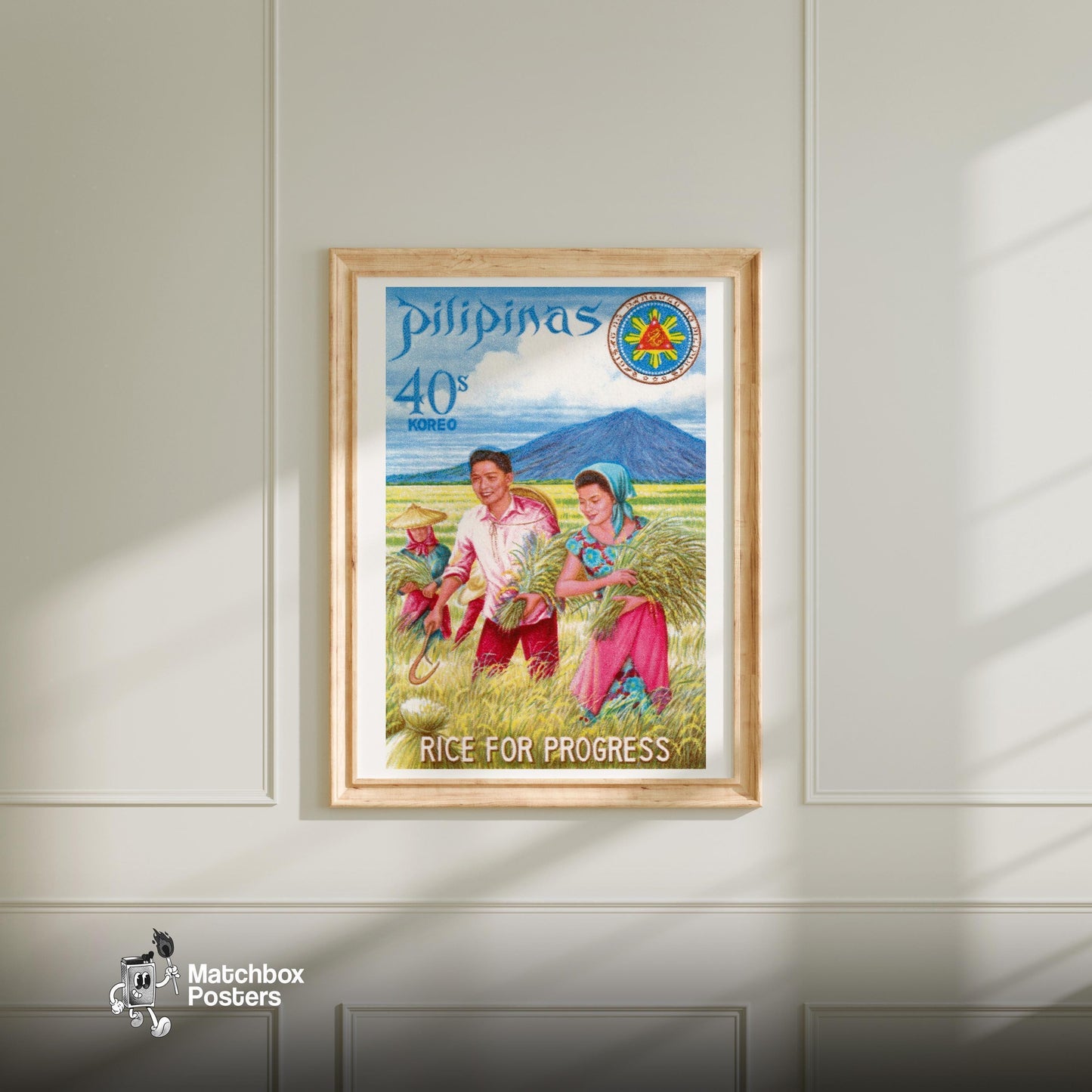 Rice Farming - vintage matchbox label print - bedroom mockup
