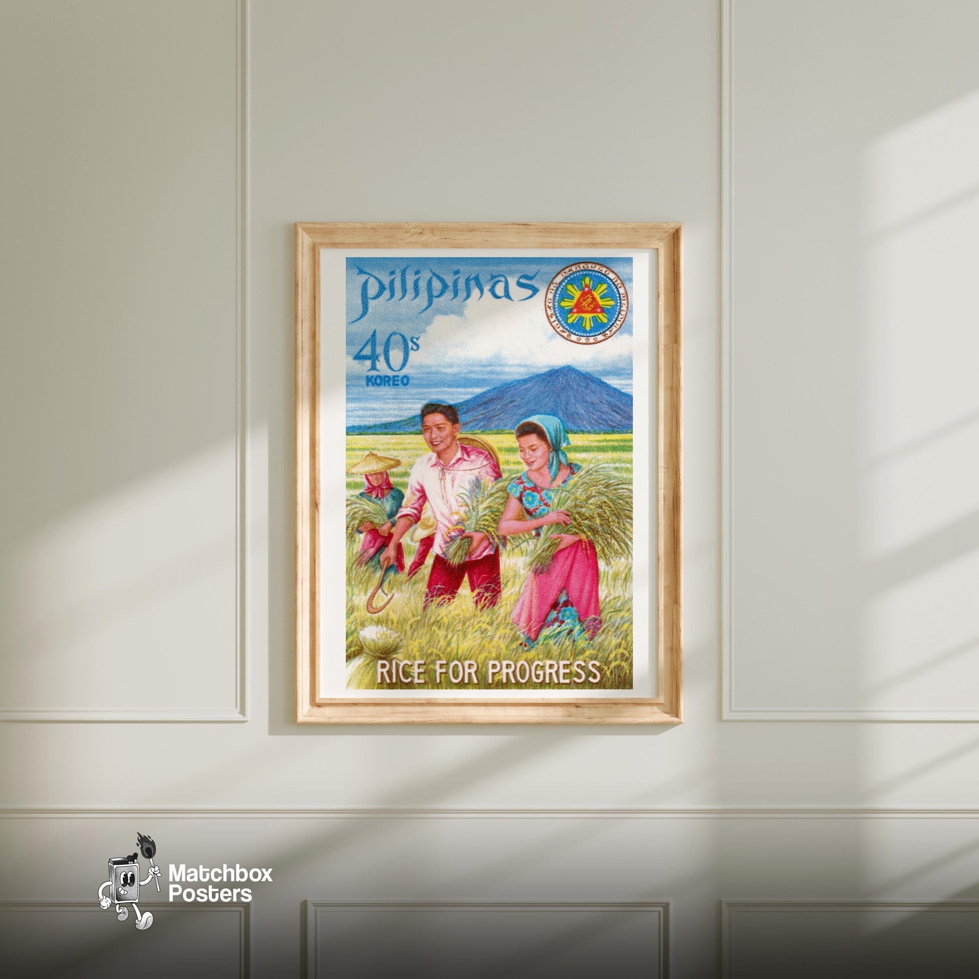 Rice Farming - vintage matchbox label print - bedroom mockup